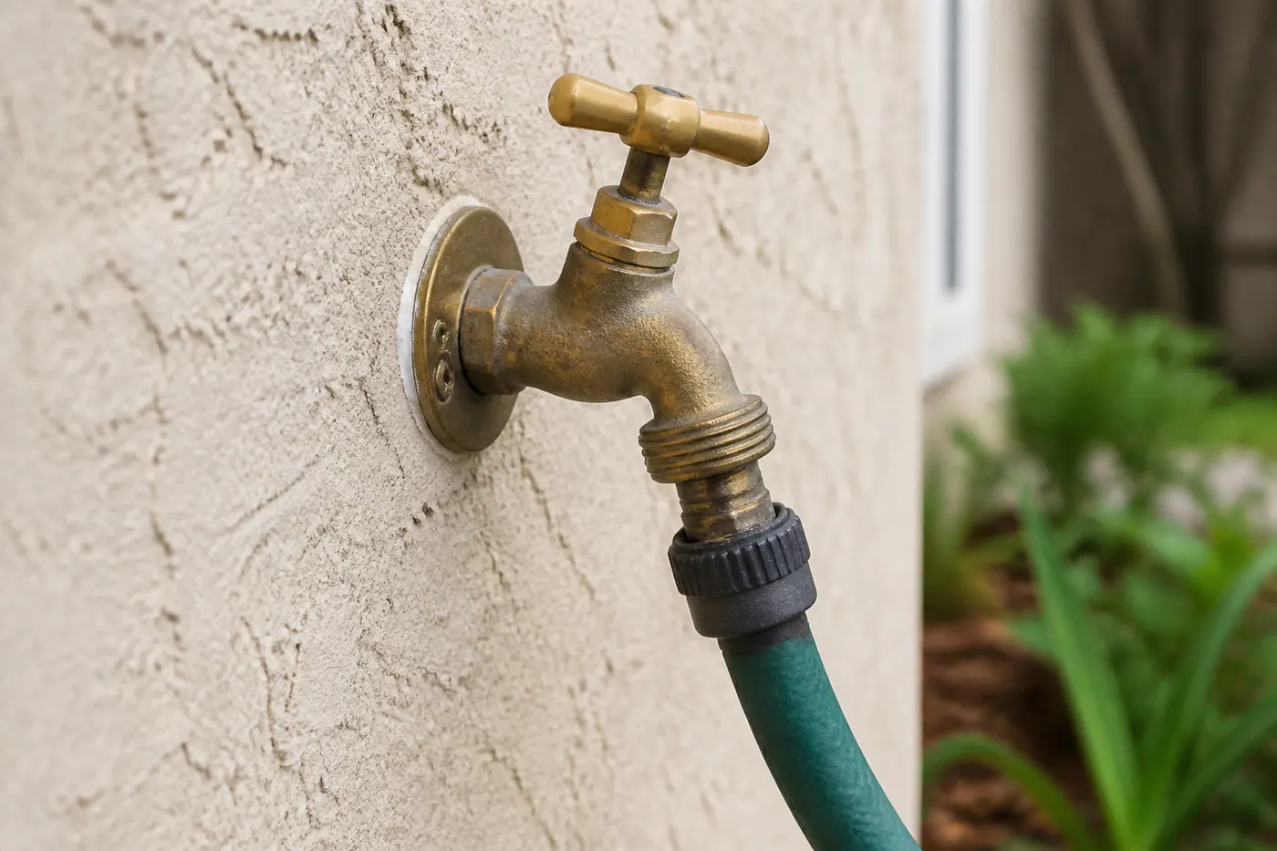 Outdoor hose bib spigot on the exterior wall of a Florida home