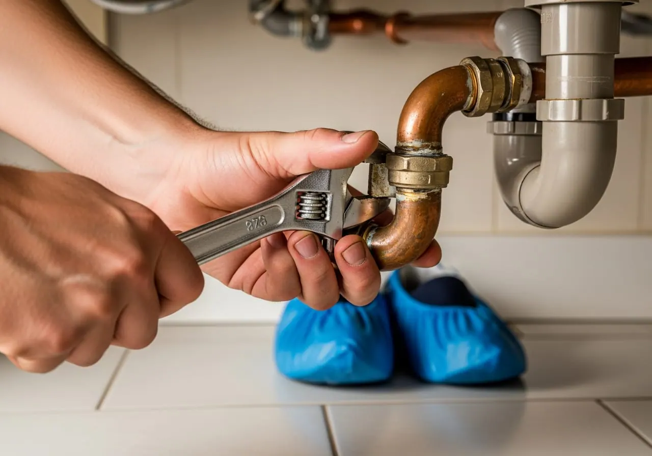 Plumber securing water supply pipes to stop banging